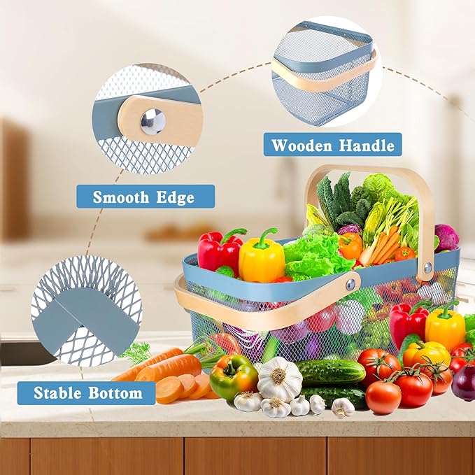 Dualshine 2 Pack Garden Harvest Basket, Metal Mesh Wire Picnic Basket with Handle, Rectangle Garden Baskets for Gathering Vegetables, Fruits, Kitchen, Home Cabinet Closet and Office(Blue)