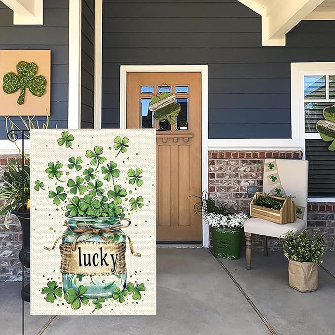 St Patricks Day Garden Flags for Outside, Irish Green Hat Lucky Shamrocks Yard Decoration, Small Seasonal Outdoor Decor for Farmhouse Holiday,12x18 Inch Double Sided