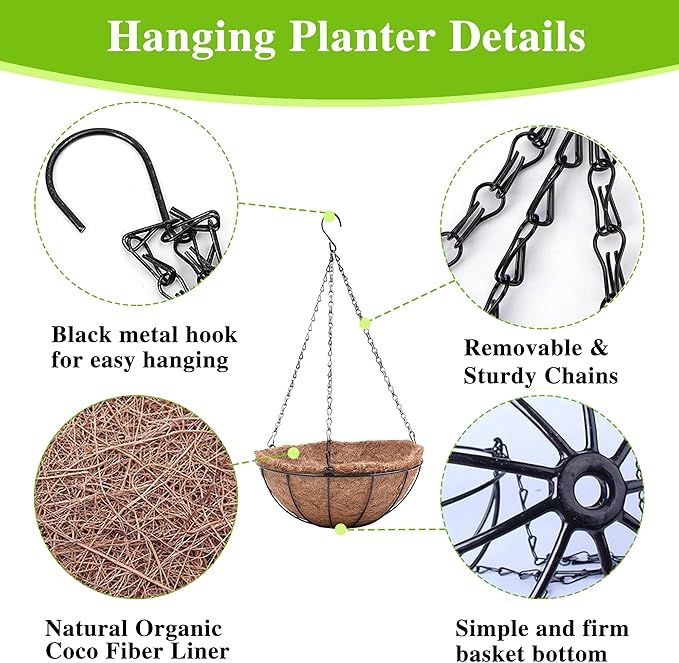 Hanging Planters Basket Set of 3 Hanging Flower Pots 10 Inch Chain Round Wire Plant Holder with Coco Coir Liner Garden Watering Hanging Baskets for Patio Garden Outdoor1