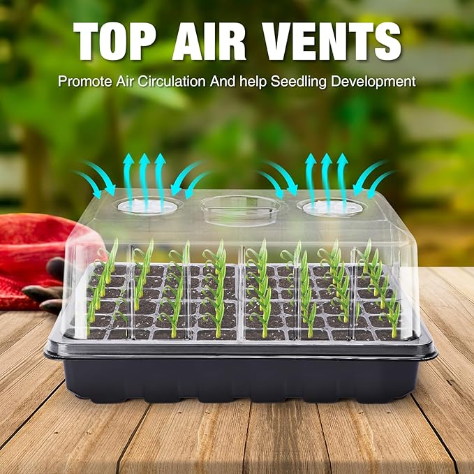 Delxo 3 Pack Seed Starter Kit Large Seedling Starter Tray(144 Cells) Total with Humidity Domes - Adjustable Vents & Deep Base Germination Kit for Indoor Gardening - Includes 10 Tags & Tools