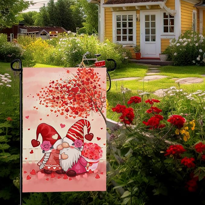 Gnomes Kiss Garden Flag 12 x 18 Inch Double Sided Valentine's Day Red Hearts Burlap Yard Flags Holiday Love Kiss Small Outdoor Flag Garden Decoration