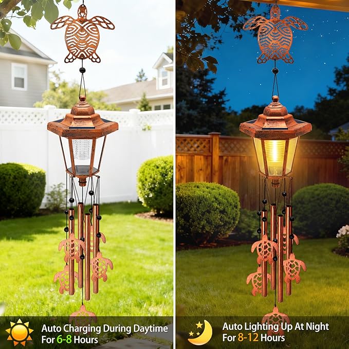 Large Solar Turtle Wind Chimes with Wind Catcher/Solar Decor Light to Create a Zen Atmosphere Suitable for Outdoor, Garden, Patio Decor Classic Bronze Wind Chimes as A Unique/Memorial Gift for Unisex