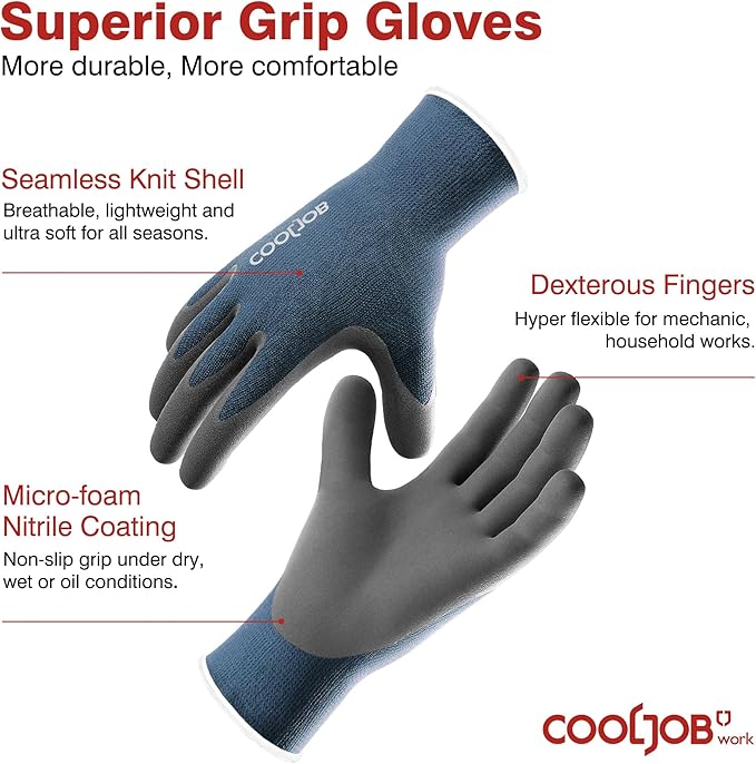 COOLJOB Micro-Foam Nitrile Safety Work Garden Gloves with Touchscreen Fingers, 6 Pairs Lightweight Working for Men’s Sweaty Hands, Non-slip Coated Grip Fits Most Tasks, Xlarge, Blue & Black