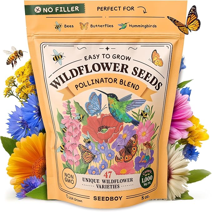 Seedboy Wildflowers for Pollinators Seed Mix – 8 oz Bulk Wildflower Seeds - 160,000+ Non-GMO Annual and Perennial Seeds for Bees Butterflies Hummingbirds – 47 Varieties Wild Flowers for Planting (8oz)