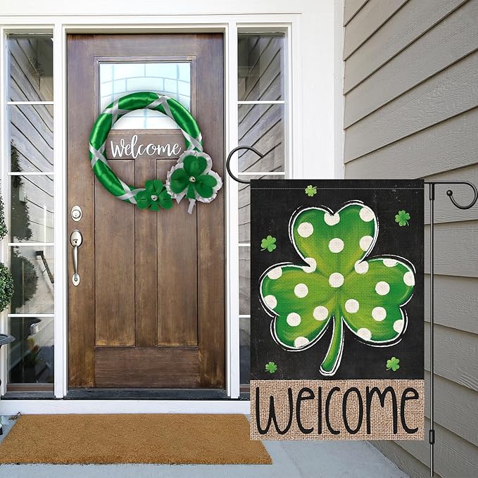 Louise Maelys St Patrick's Day Garden Flag Shamrock Welcome Double Sided 12x18 Inch Small Burlap Happy Spring Holiday Yard Outdoor Outside Home Decoration Sign
