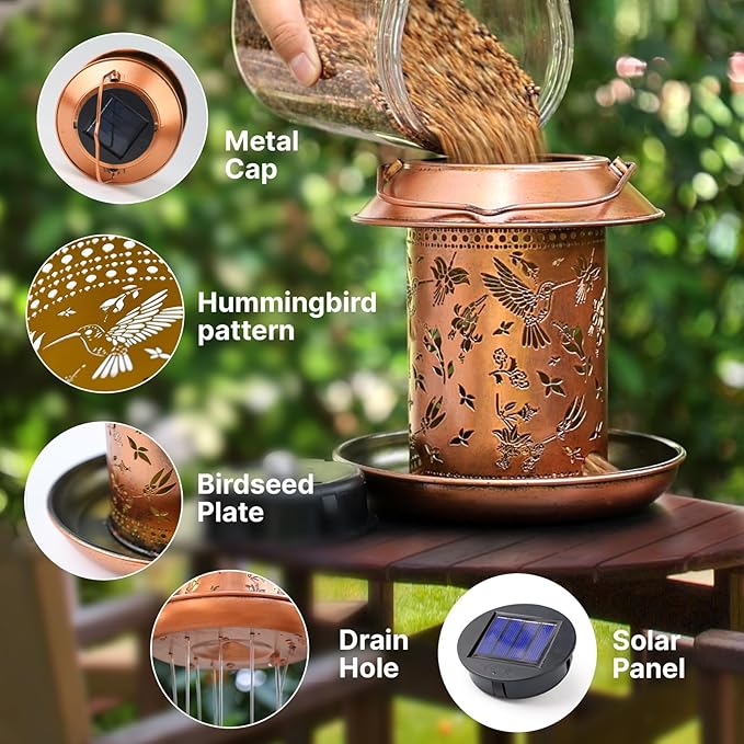 Bird Feeders for Outdoors Metal Hummingbird Solar Lantern Hanging on a Tree Bird Feeder Waterproof Decoration for Patio,Yard,Lawn,Pathway,Garden,Christmas Decor Gifts for Women Mom Friends