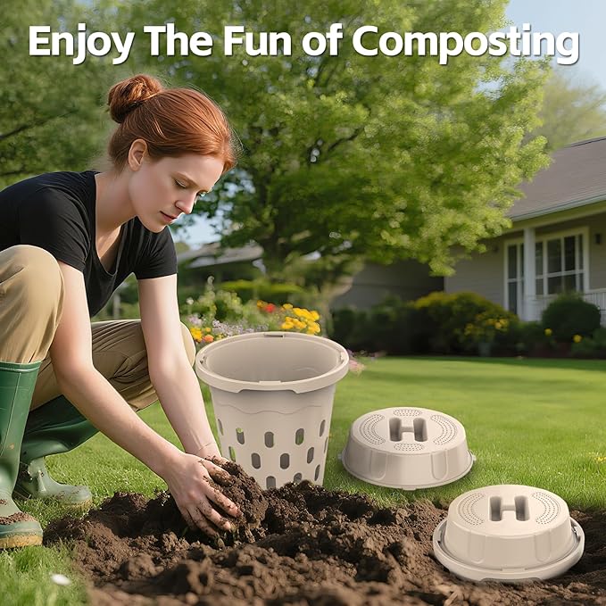 2-Pack Inground Worm Composter, 8L Outdoor Worm Farm, Worm Compost Bin for Garden Beds & Home Use, Vermicomposting Bin for Recycling Food Waste (9.5x9.5x10.8Inch), Beige