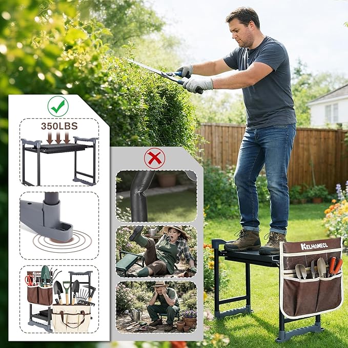 Garden Kneeler and Seat, Extra Wide Thick EVA Pad, Heavy Duty Foldable Garden Bench Holds 350lbs, Ergonomic Kneeling Stool with Garden Tool Pouches, Gardening Gifts for Women, Men, Seniors