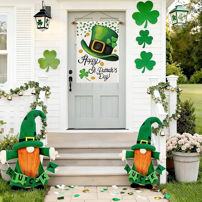Happy St Patricks Day House Flag Burlap 28x40 Double Sided, Green Hat Shamrocks Lucky Clover Holiday Party Sign Large Flags Yard Outdoor Decorations DF660-28