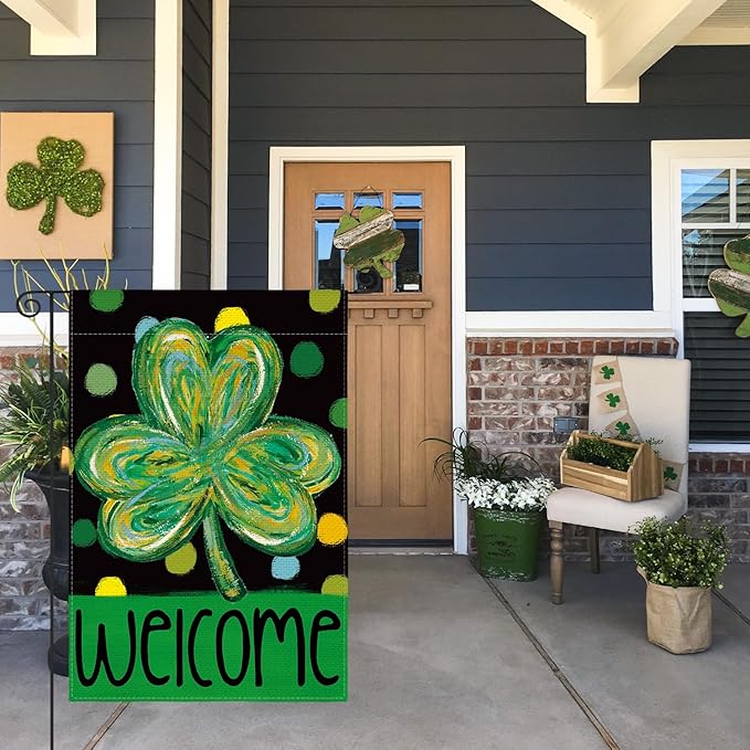 AVOIN colorlife St Patricks Day Garden Flag 12x18 Inch Double Sided Outside, Shamrock Clover Polka Dots Welcome Holiday Yard Outdoor Flag