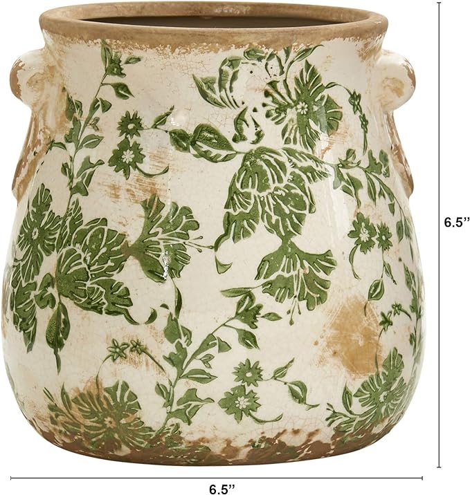 Nearly Natural 6.5in Ceramic Decorative Vase, Tuscan Style Green Floral Scroll Design For Indoor Home Shelf Table Decor