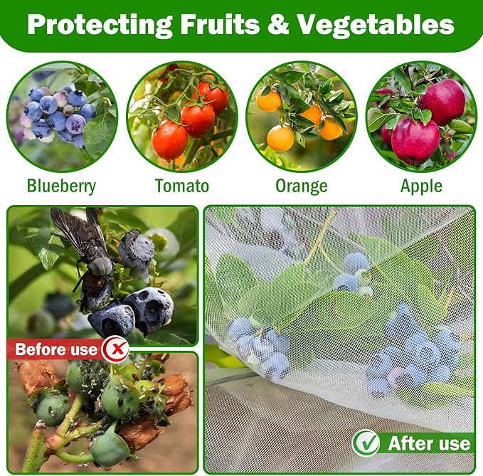 6 Pack Garden Netting for Plants 2.6x3.3ft - 3.3x4.9ft Mesh Fruit Tree Blueberry Pest Barrier Bug Netting with Drawstring 2-Size Insect Bird Netting for Tomato Vegetable Net