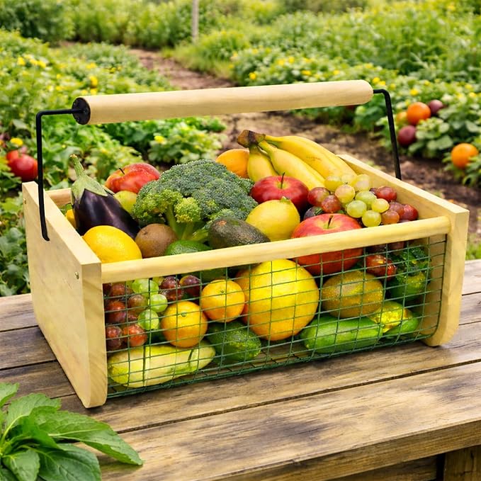 Garden Hod Harvest Basket, 16 x 10 x 7in Gardening Harvest Baskets with Wood Handle, Solid Wood with PVC Wire Mesh, Garden Baskets for Gathering Vegetables