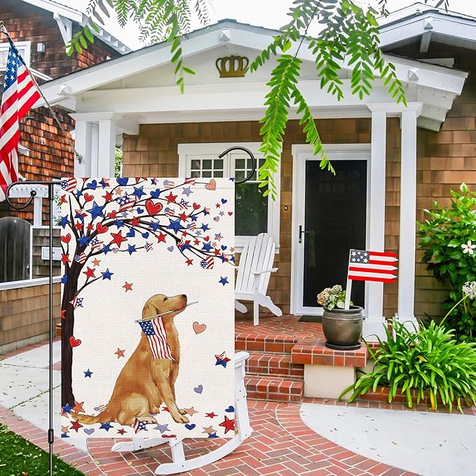 Louise Maelys 4th of July Garden Flag 12x18 Double Sided, Small Burlap Welcome Patriotic Golden Retriever Dog Yard House for Memorial Veterans Independence Day Outdoor Decor