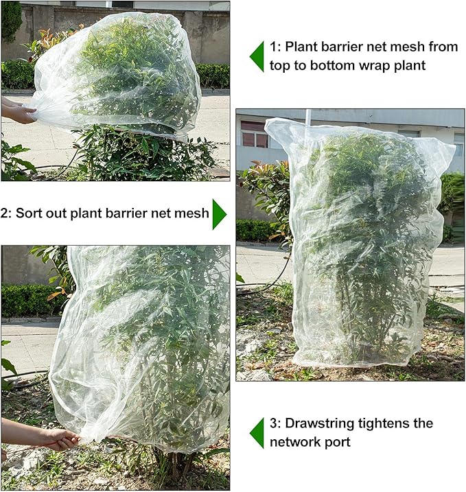 4Pcs Insect Bird Barrier Mesh, 7.9 x 5.9 FT Garden Netting Barrier, Bird Netting, Netting for Plant with Drawstring, Tomato Protective Cover