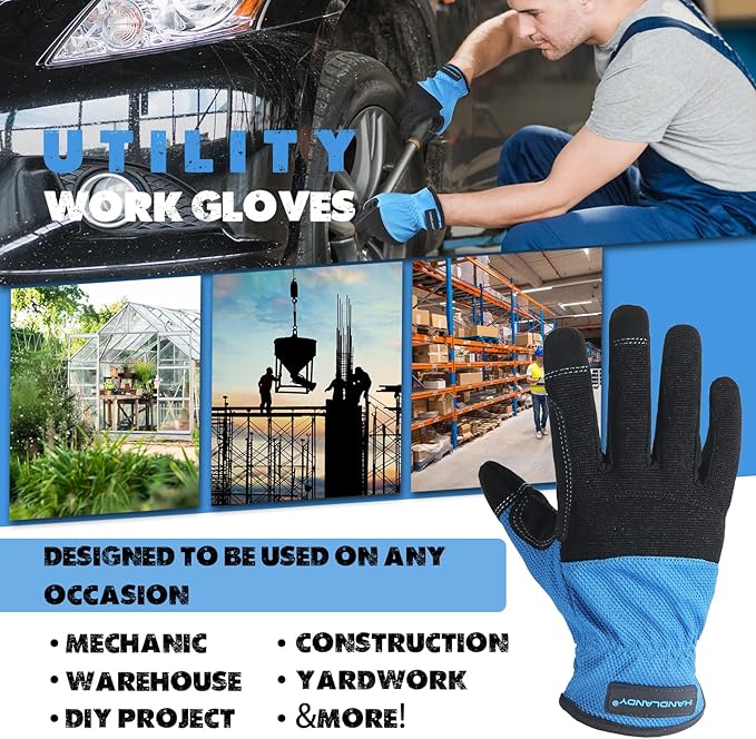 HANDLANDY Work Gloves for Men & Women, Utility Mechanic Working Gloves Touch Screen, Flexible Gardening Gloves for Yard