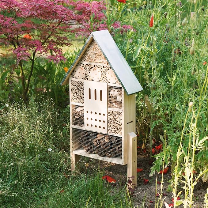 Navaris Insect House with Stakes - Extra Large Wooden Bug Hotel 22.4" H x 15" W - Bee, Butterfly, Ladybug Natural Nesting Habitat for Garden and Yard