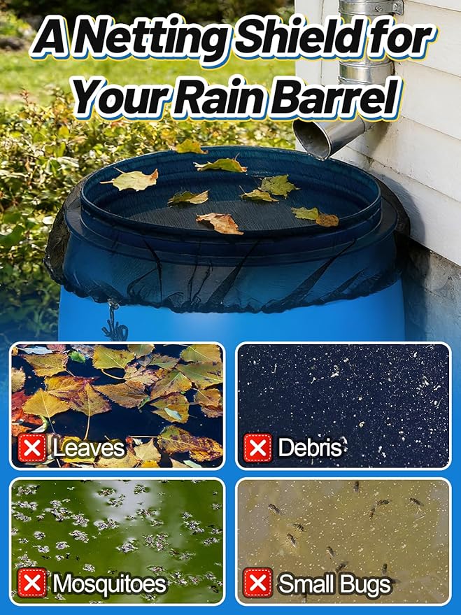 Mesh Cover for Rain Barrels - 2pcs 39in Rain Barrel Netting with Drawstring, Water Collection Buckets Tank Protector Screen for Preventing Fallen Leaves in Outdoor Garden Eaves