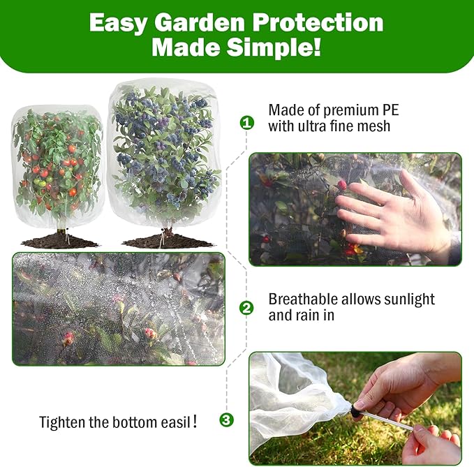4 Pack Garden Mesh Netting for Plants 2.6x3.3ft - 3.3x4.9ft Insect Bird Netting Pest Barrier Bag with Drawstring 2 Size Fruits Tree Blueberry Bush Netting Cover Bag Protection for Vegetables Tomato