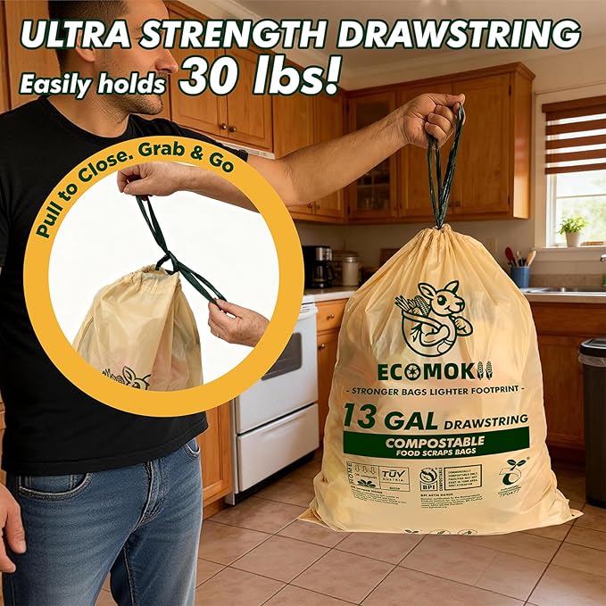 EcoMokii Compostable Trash Bags 13 Gallon with Drawstring, 60 Count, 49.2 Liter, 1.2 Mil Heavy Duty Compost Bags Extra Thick for Tall Kitchen Garbage Can, Unscented Food Waste Bag, BPI (ASTM D6400)