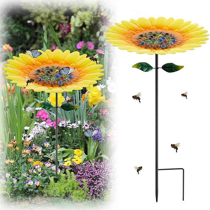 Tandefio Vivid Flower Bee Watering Station Metal Butterfly Water Feeder Cup with 30 Colorful Glass Marbles Bee Feeder Butterfly Bath Bowl for Garden Outdoor Yard Decors(Yellow Red,Sunflower)