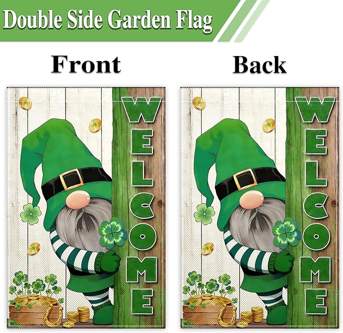 St. Patrick's Day Garden Flags for Outside 12x18 Inch Double Sided, 3 Ply Fabric Small Happy Lucky Clover Gold Coin Pot Gnome St Patricks Day Garden Flags for Outdoor Holiday Lawn Indoor Yard Welcome Sign Decoration