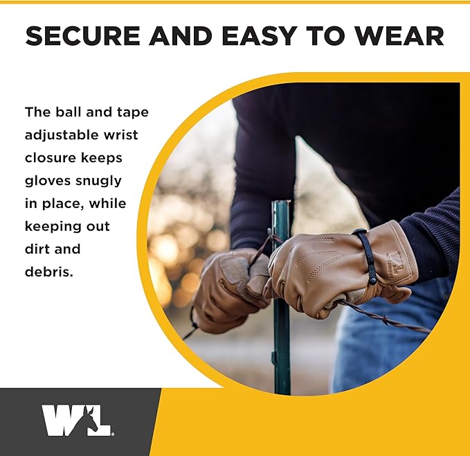 Wells Lamont Leather Work Gloves for Men – Heavy Duty, Cowhide, Abrasion & Puncture Resistant – Adjustable Wrist, Gunn Cut Design, Ideal for Ranching, Farming, Construction - Timber - L