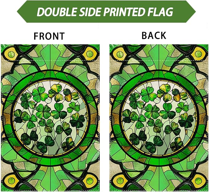 Green Shamrocks Clovers Stained Glass St. Patrick's Day Garden Flag 12x18 Inch Double Sided Small Mini Yard Flag Outdoor Outside Holiday Party Decoration