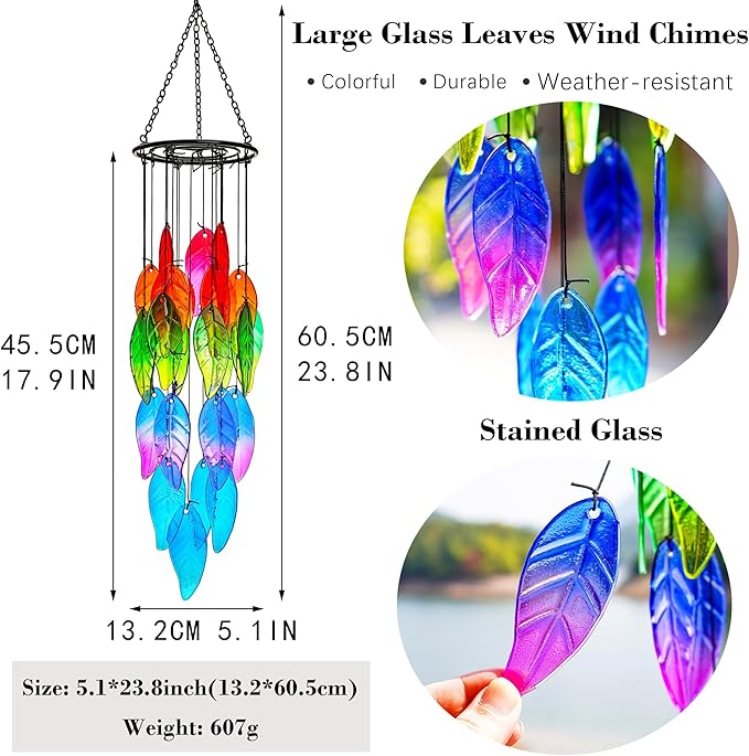 18'' Stained Glass Leaves Wind Chimes for Outside Unique Rainbow Leaves Forest Windchimes Outdoor Decoration Garden Decor