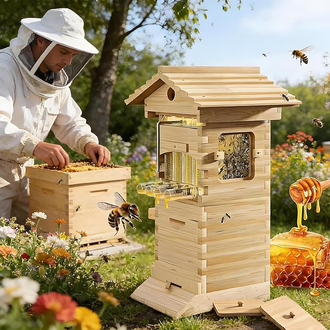 Beehive Starter Kit,Self-Flowing Wooden Bee Box,with Observation Window and Honey Spout,Bee Hive Complete Kit,for Beekeeping,Garden Pollinators