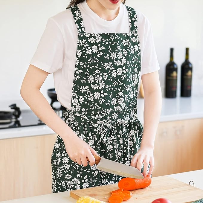 Vintage Pinafore Apron Dress for Women with Pockets Cute Floral Chef Aprons for Kitchen Cooking Baking Gardening