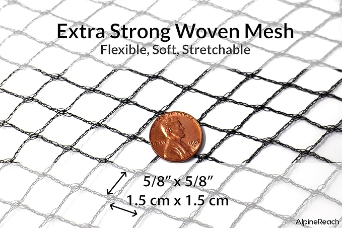 AlpineReach Garden Netting 15 x 50 ft Heavy Duty Bird Net, Deer, Plant Protection Extra Strong Woven Mesh, Reusable Kit with Zip Ties, Animal Fencing for Fruits Trees, Black