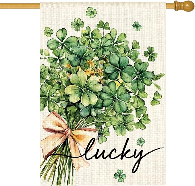 AVOIN colorlife St Patricks Day House Flag 28x40 Inch Double Sided Outside, Floral Lucky Shamrocks Clovers Yard Outdoor Flag