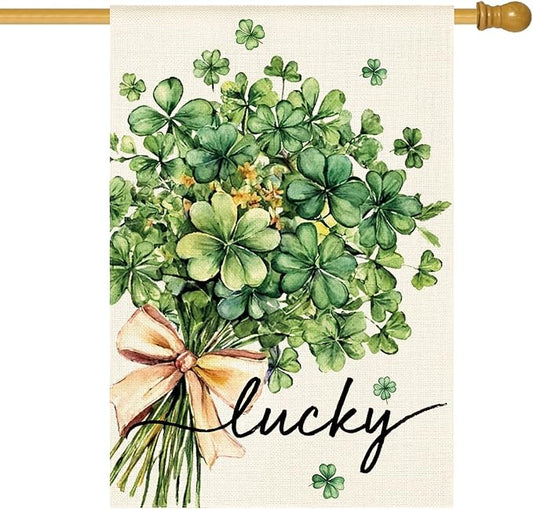 AVOIN colorlife St Patricks Day House Flag 28x40 Inch Double Sided Outside, Floral Lucky Shamrocks Clovers Yard Outdoor Flag