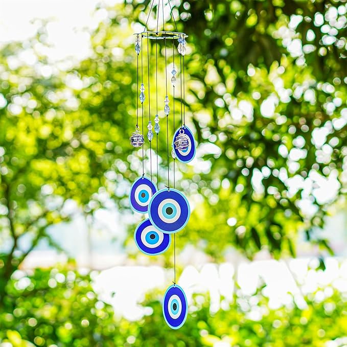 YU FENG Blue Evil Eye Wind Chimes for Outside 19" Hanging Ornament Metal Windchimes Outdoors Garden Decoration