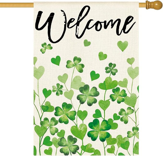 AVOIN colorlife St Patricks Day Welcome House Flag 28x40 Inch Double Sided Outside, Shamrocks Clovers Floral Yard Outdoor Decoration