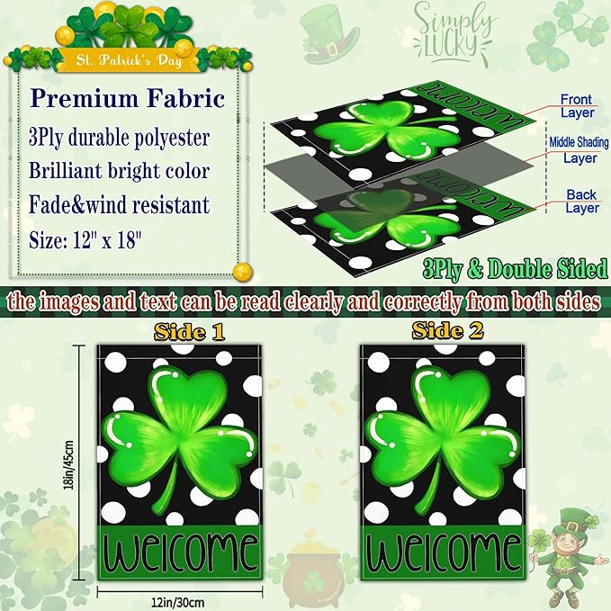 St Patricks Day Garden Flag Shamrock Lucky Irish Blessing Garden Flag Happy St Patrick's Day Yard Decor Garden Flags for Outside 12×18 Inch Double Sided Outdoor House Holiday Decorations