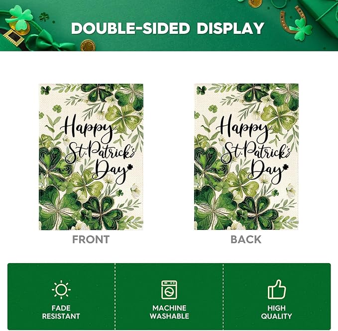 AVOIN colorlife Happy St Patricks Day Floral Garden Flag 12x18 Inch Double Sided Outside, Shamrock Lucky Clover Holiday Yard Outdoor Flag