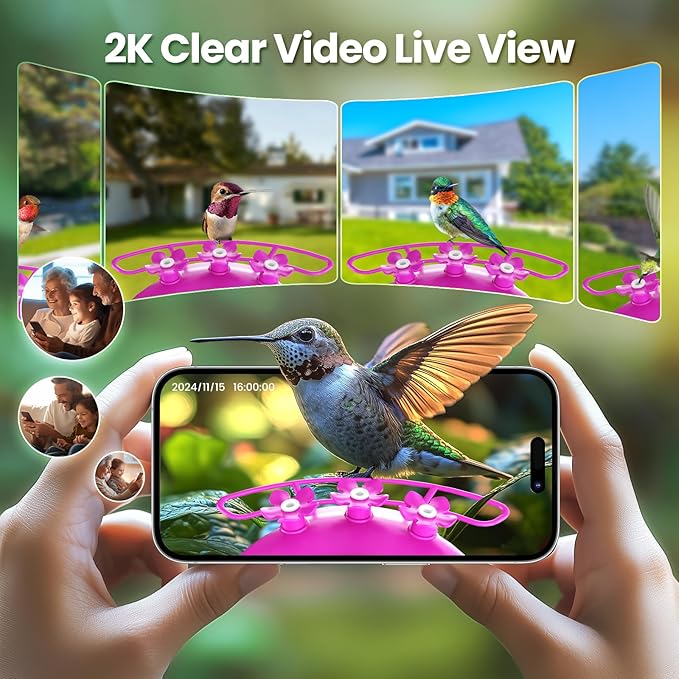 Soliom Hummingbird Feeder with Camera, Smart Feeder Camera with 2K Live View AI Identify, Leak Proof&Ant Moat&Bee Proof, Outdoor Pole/Hook Hanging, Ideal Gift for Family, 16 OZ with Solar Panel Pink