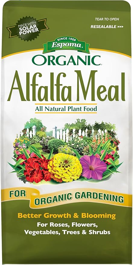 Espoma Organic Alfalfa Meal Fertilizer 2-0-2. All-Natural Plant Food Source of Nitrogen and Potassium for Organic Gardening. Use for Roses, Flowers, Veggies, Trees & Shrubs. 3 lb. Bag.