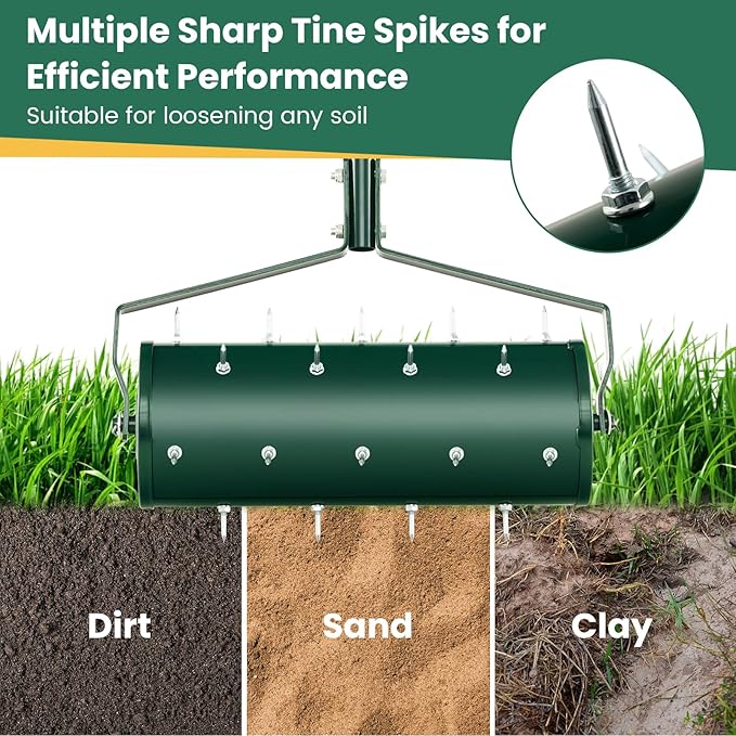 Goplus Rolling Lawn Aerator, 18-Inch Garden Yard Rotary Push Tine Filled Sand Stone, Heavy Duty Spike Soil Aeration w/Metal Handle, Fillable Drum 51" Manual Lawn Aeration Tool Garden Grass Patio Yard