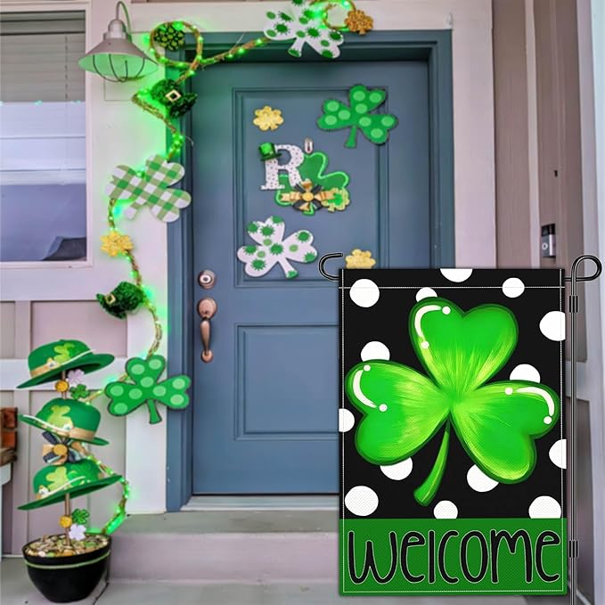 St Patricks Day Garden Flag Shamrock Lucky Irish Blessing Garden Flag Happy St Patrick's Day Yard Decor Garden Flags for Outside 12×18 Inch Double Sided Outdoor House Holiday Decorations