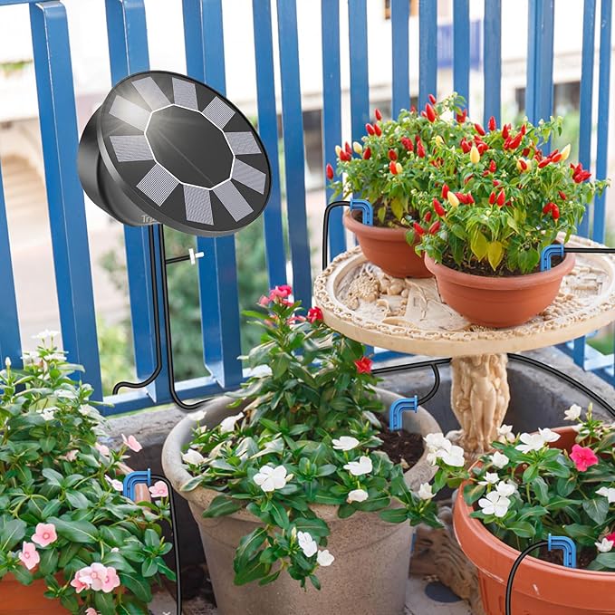 Solar Automatic Drip Irrigation System Kit, DIY Irrigation System for Garden Outdoor/Indoor Gardening System, Plant Watering System Drip Irrigation System, 9 Timing Modes with Anti-Siphon Set