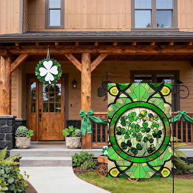 Green Shamrocks Clovers Stained Glass St. Patrick's Day Garden Flag 12x18 Inch Double Sided Small Mini Yard Flag Outdoor Outside Holiday Party Decoration
