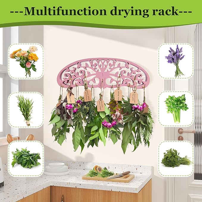Rustic Herb Drying Rack Hanging,Wooden Tree of Life Dried Herb Flowers Rack Wall Art,Home Kitchen Witch Decor Wall Flowers Grass Gift,with 11 Hooks and 25 Gift Cards & 40 Inch Twine