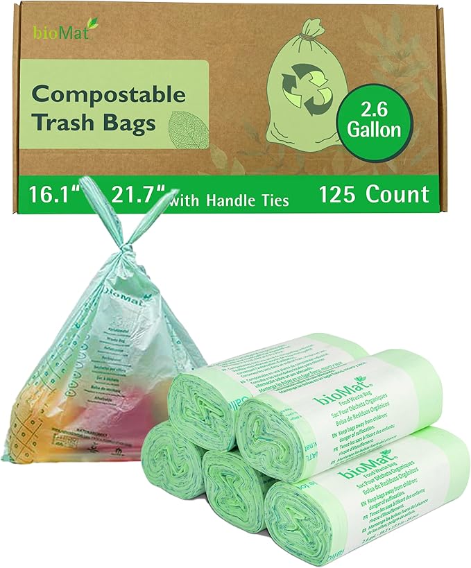 bioMat Compostable Trash Bags 2.6 Gallon with Handle Ties, 125 Count Small Biodegradable Trash Bags for Kitchen Countertop Bins, Leak-Resistant Green Compost Bags