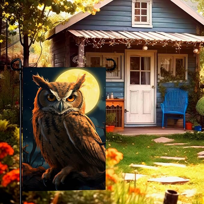 Owl Garden Flags 12x18 Double Sided Fake Owl Decoys to Scare Birds Squirrels Away Polyester Yard Flag Farmhouse Welcome Decoration Banners for Outdoor Yard Lawn Sign Decor