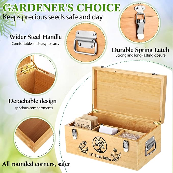 Large Bamboo Seed Storage Organizer with Lid and Locks, Seed Organizer Storage Box with 40 Jars, 50 Envelopes, 100 Plant Labels 60 Stickers & More, 4 Compartments for Garden Seeds
