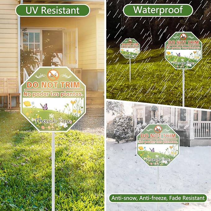 2 Pack 10" x 28" Do Not Trim Yard Signs with Stake and Accessories, Rust Free Aluminum Composite, Bilingual Garden Metal Do Not Mow Signs for Outdoor Lawn