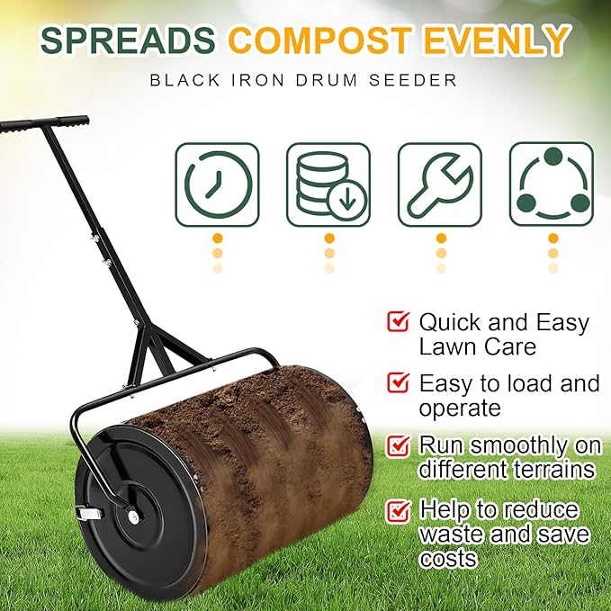 Hiboom 36 Inch Compost Spreader, Peat Moss Spreader, Manure Roller with Adjustable T Shaped Handle, Lightweight Metal Mesh for Lawn Garden Spreading Manure Topsoil (Black)